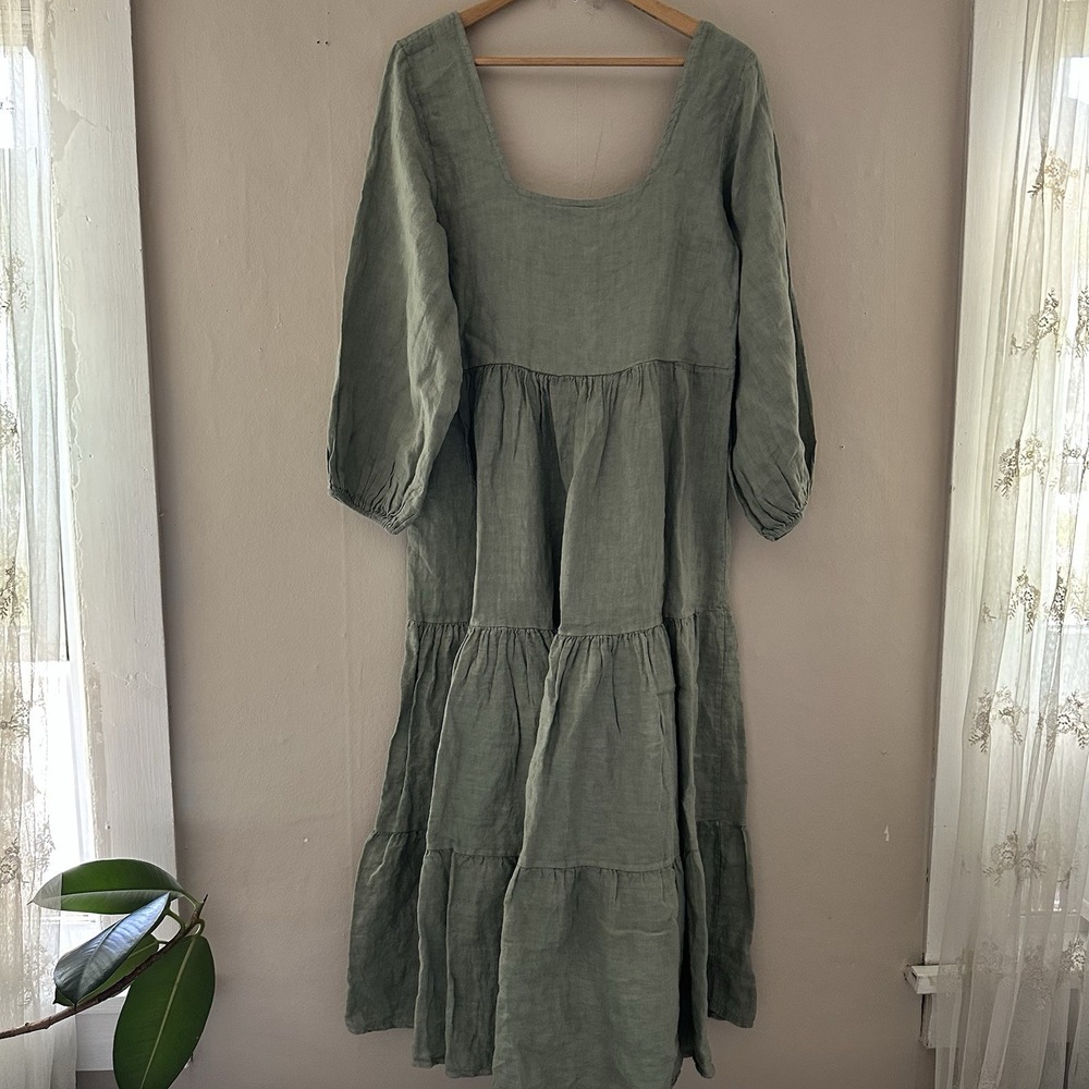 Beachwood Womens Linen Midi Dress Size S Green Tiered Italy Boho Euro Summer
